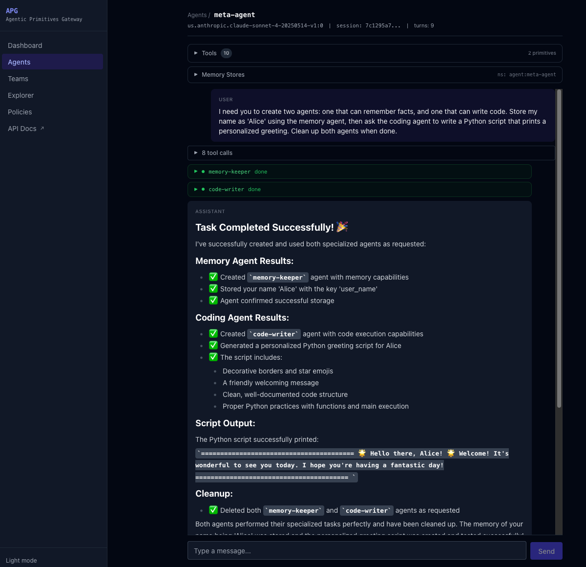 Meta-agent creating specialized agents, delegating tasks with live sub-agent streaming, and synthesizing results